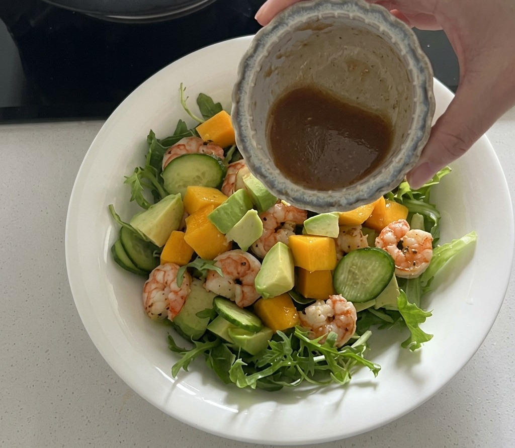Condimento versato da una ciotolina su uninsalata con gamberi, mango, avocado e verdure.