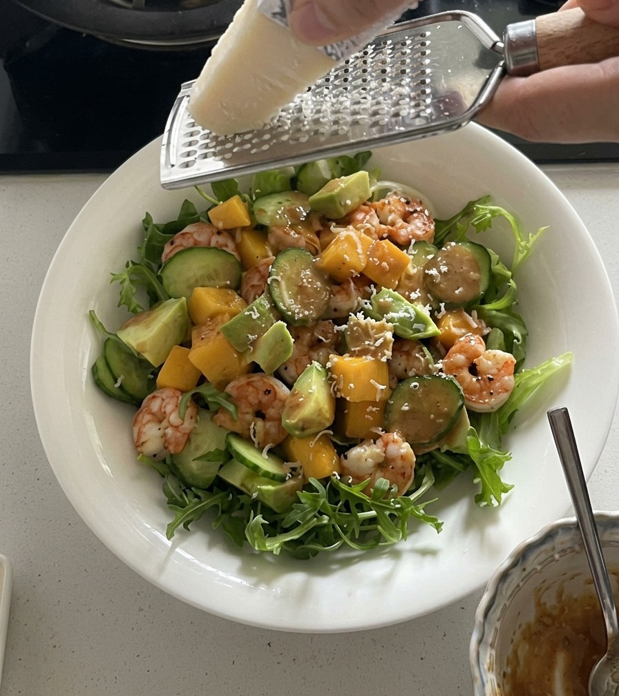 Una grattugia manuale utilizzata per ricavare scaglie di parmigiano fresco su una colorata insalata di rucola, gamberi e frutta.