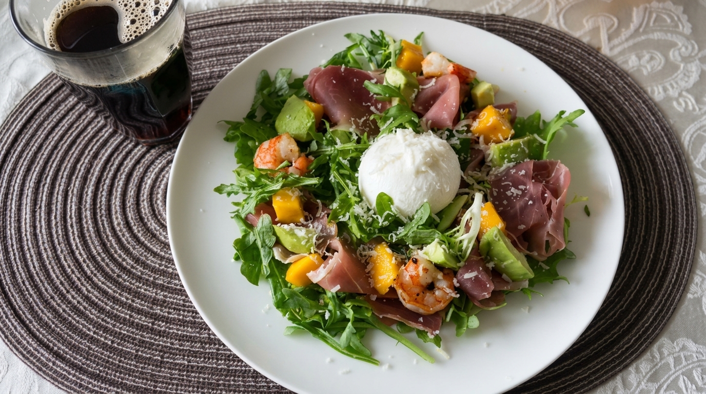 Insalata di rucola e prosciutto con gamberi saltati in padella e burrata