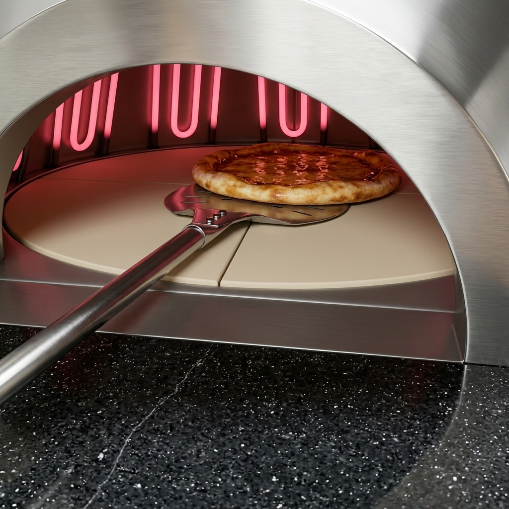 Una pizza con pomodoro e mozzarella che viene infornata con una pala di metallo.