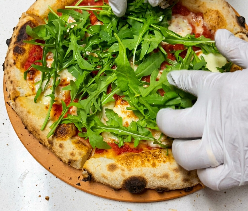 Mani che distribuiscono unabbondante manciata di rucola fresca sulla pizza appena sfornata.