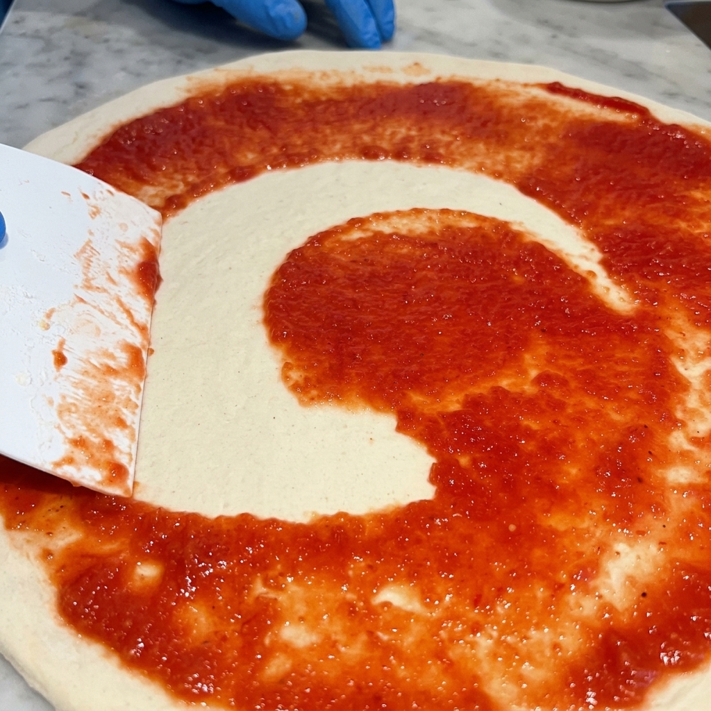 Salsa di pomodoro rosso vivo distribuita con un movimento circolare su una base di pizza cruda usando una spatola bianca.