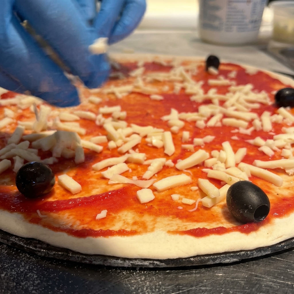 Mozzarella grattugiata e olive nere disposte sopra una base di pizza con salsa di pomodoro.