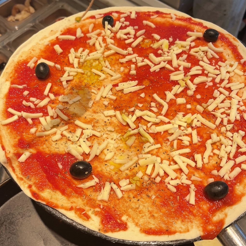 Primo piano di una pizza cruda con pomodoro, formaggio e olive condita con un filo dolio prima di essere infornata.