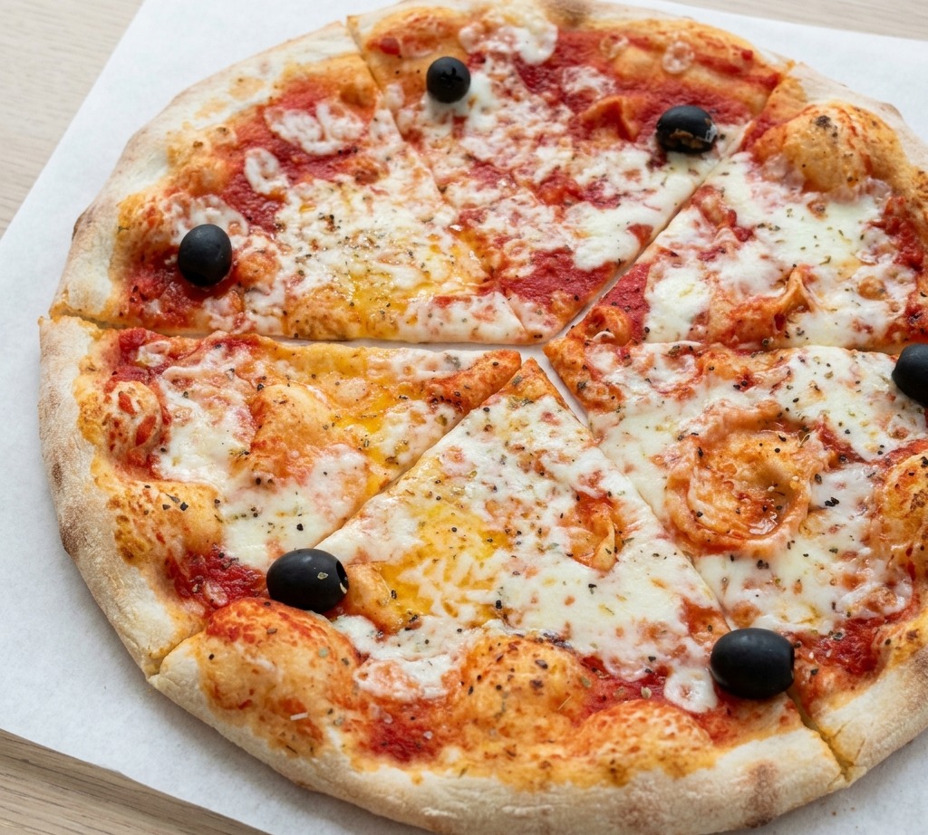 Una pizza appena sfornata con olive e formaggio fuso, tagliata in sei spicchi su un foglio di carta forno bianca.