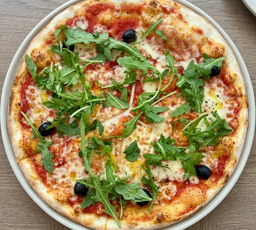 Vista dallalto di una pizza rotonda guarnita con foglie di rucola fresca e verde brillante e olive nere.