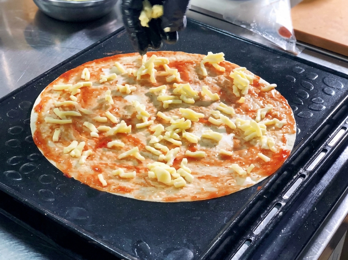 Una mano distribuisce la mozzarella grattugiata sopra la base della pizza tortilla coperta di salsa rossa.