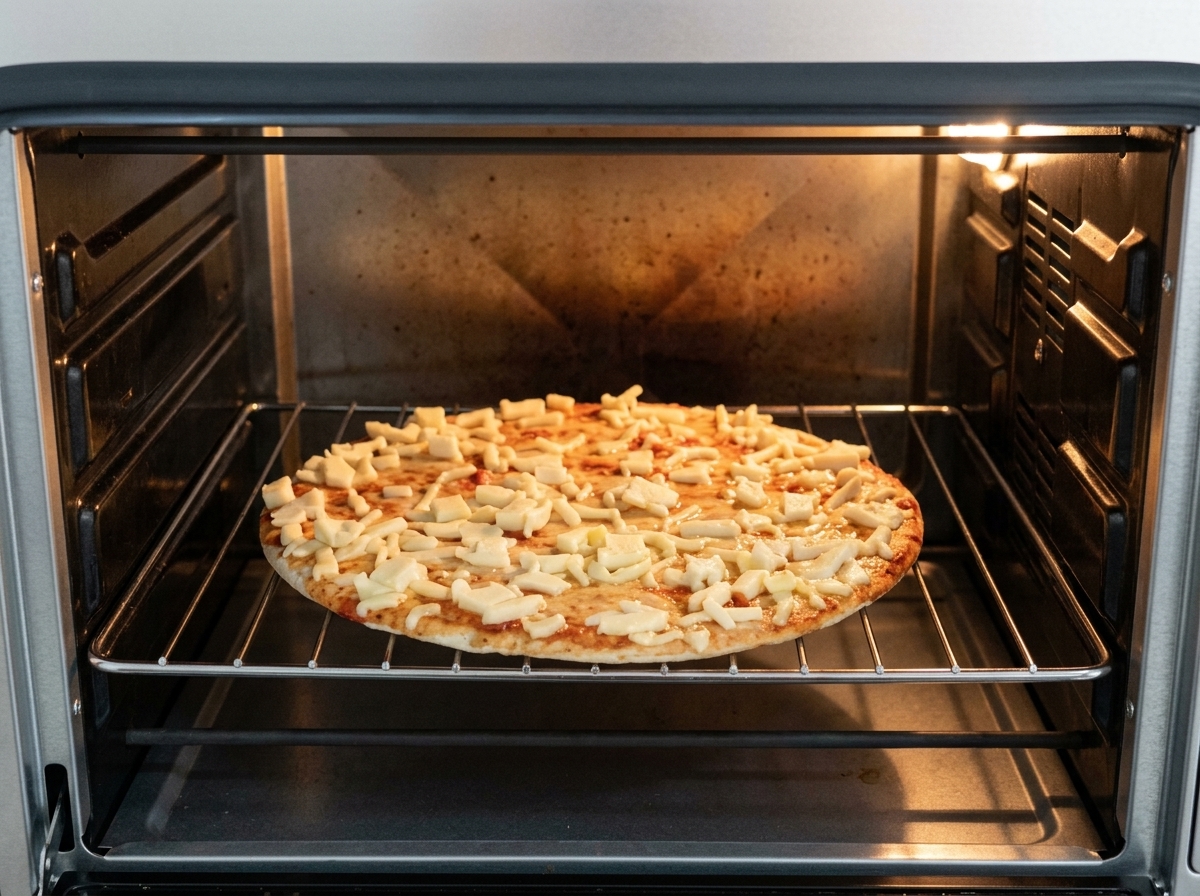 Una pizza sottile con formaggio fuso che cuoce sulla griglia allinterno di un forno professionale caldo.