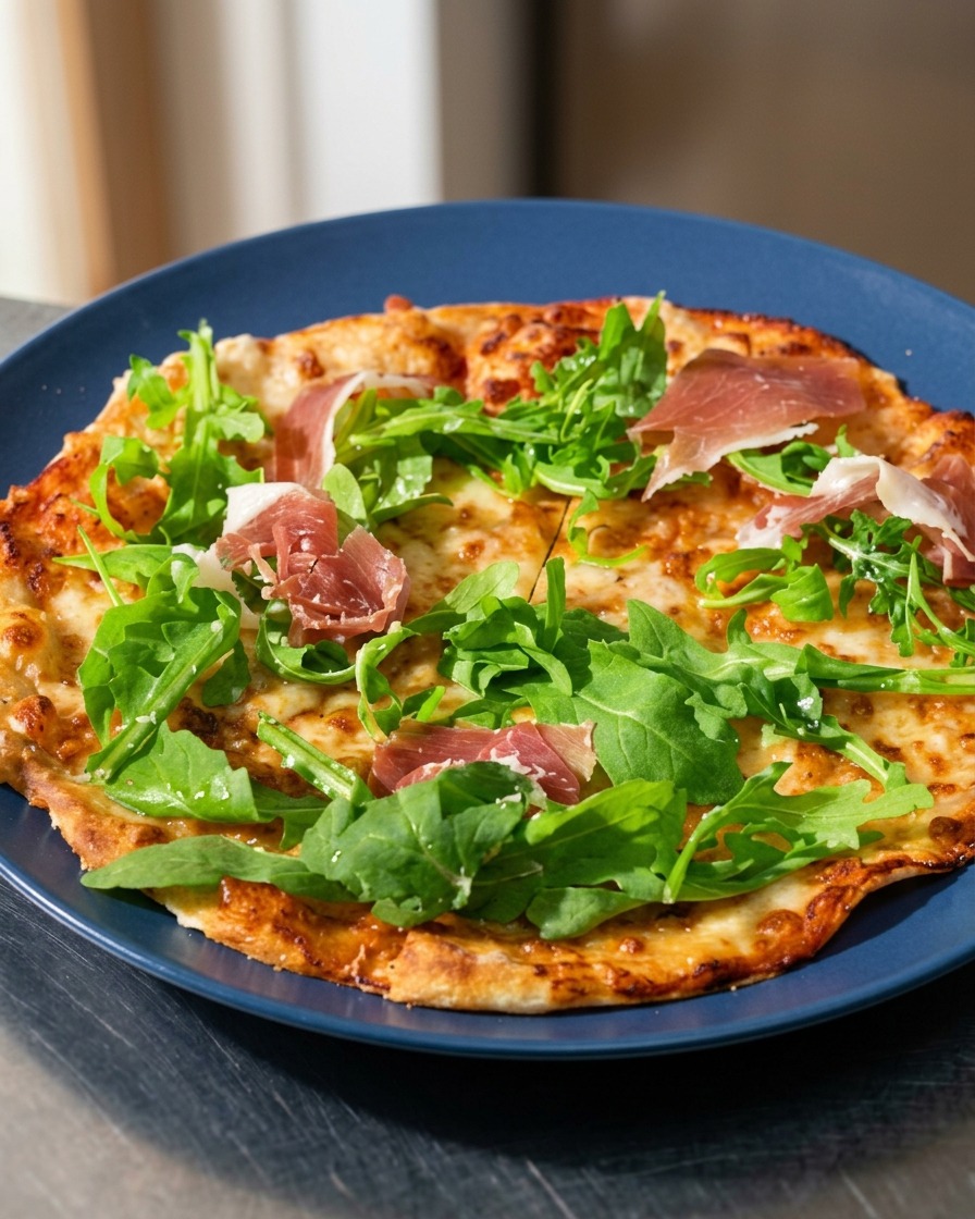 Sottili fette rosse di prosciutto iberico disposte sopra la rucola fresca su una pizza di tortilla cotta.