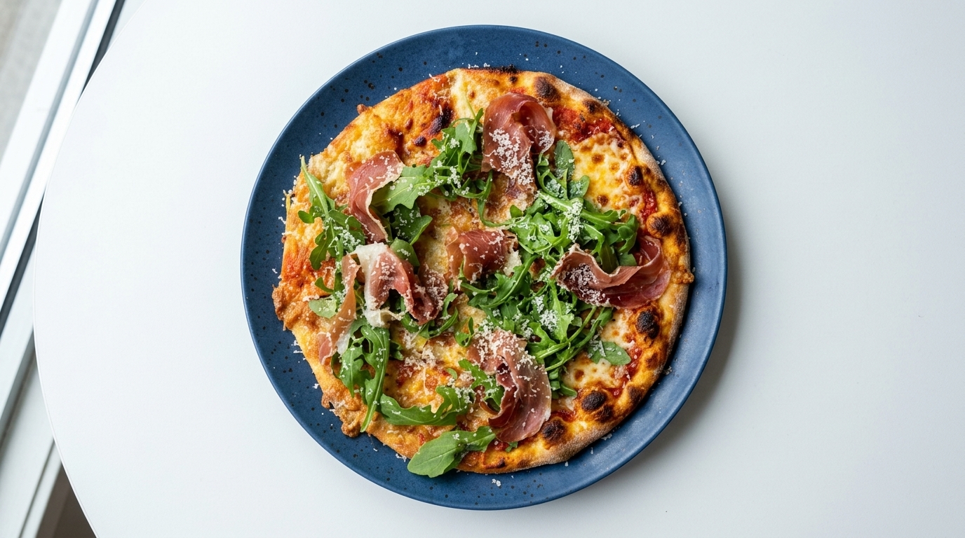 Pizza croccante di tortilla con prosciutto iberico e rucola