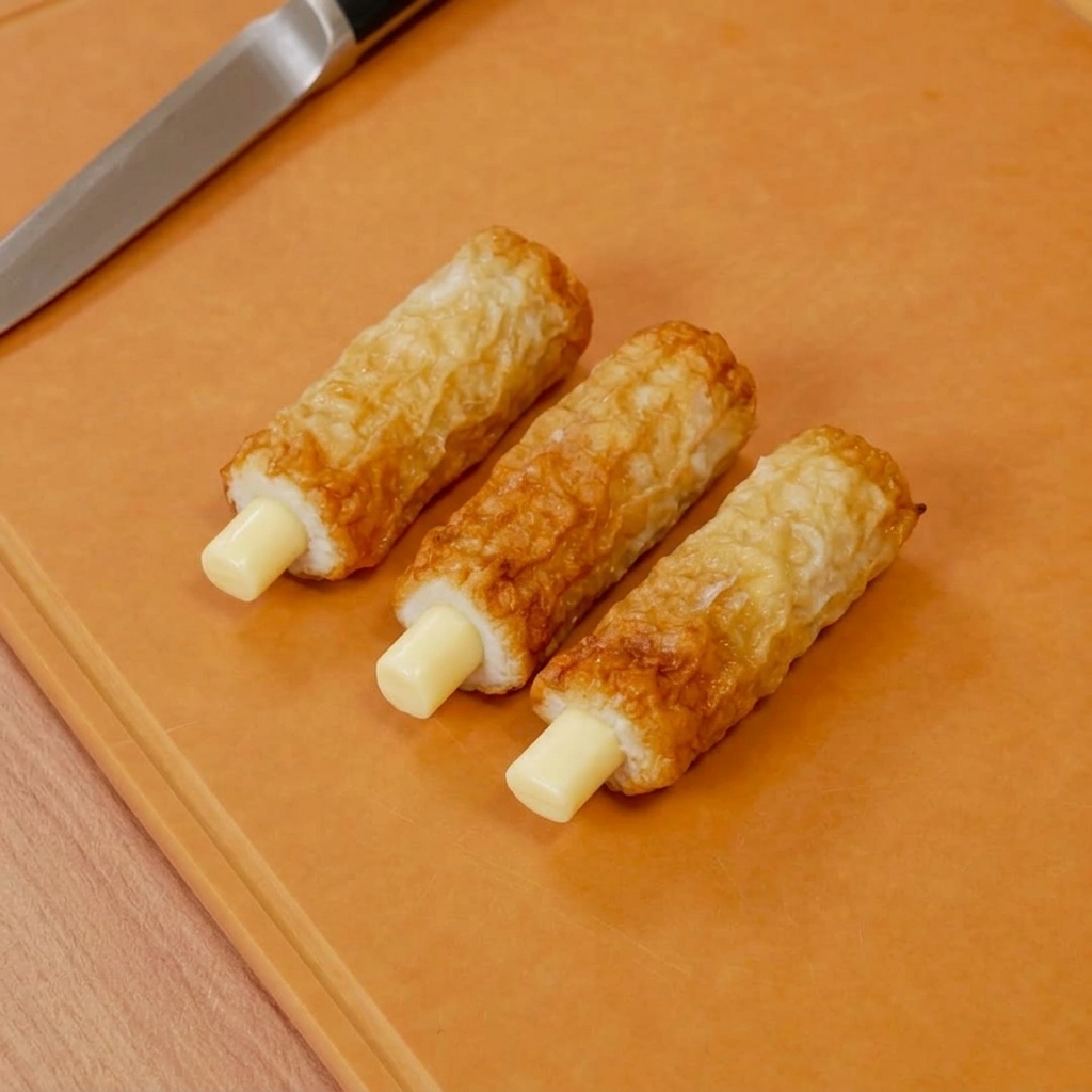 Bastoncini di pesce chikuwa farciti con segmenti di formaggio a pasta filata, pronti per essere impastellati.