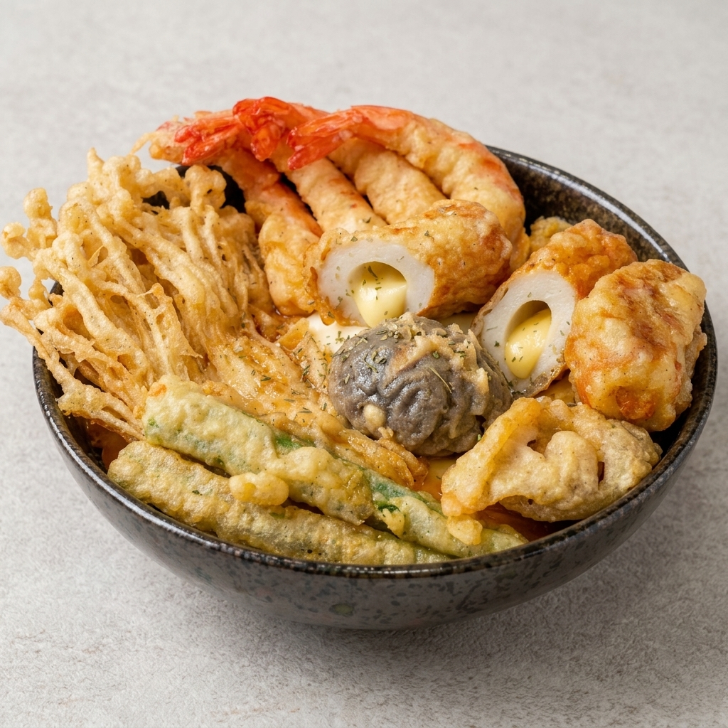 Fungo shiitake e gombo immersi nella pastella per tempura con le bacchette.