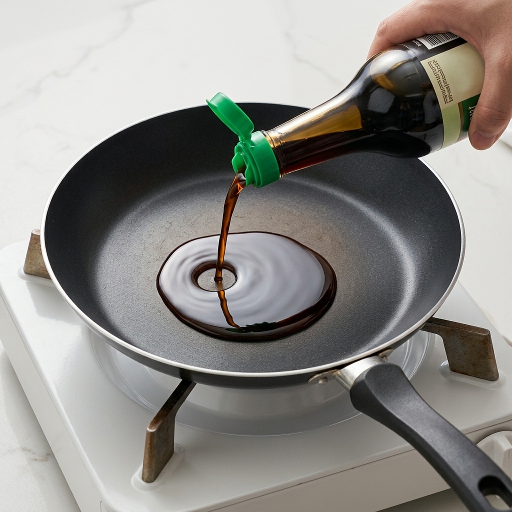Ingredienti per la salsa che sobbollono in una padella, con il liquido scuro a base di soia che si restringe.