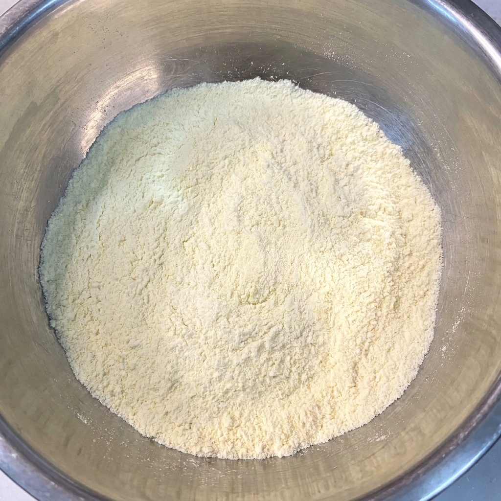 Farina per tempura, acqua e ghiaccio in una ciotola metallica pronti per essere mescolati.