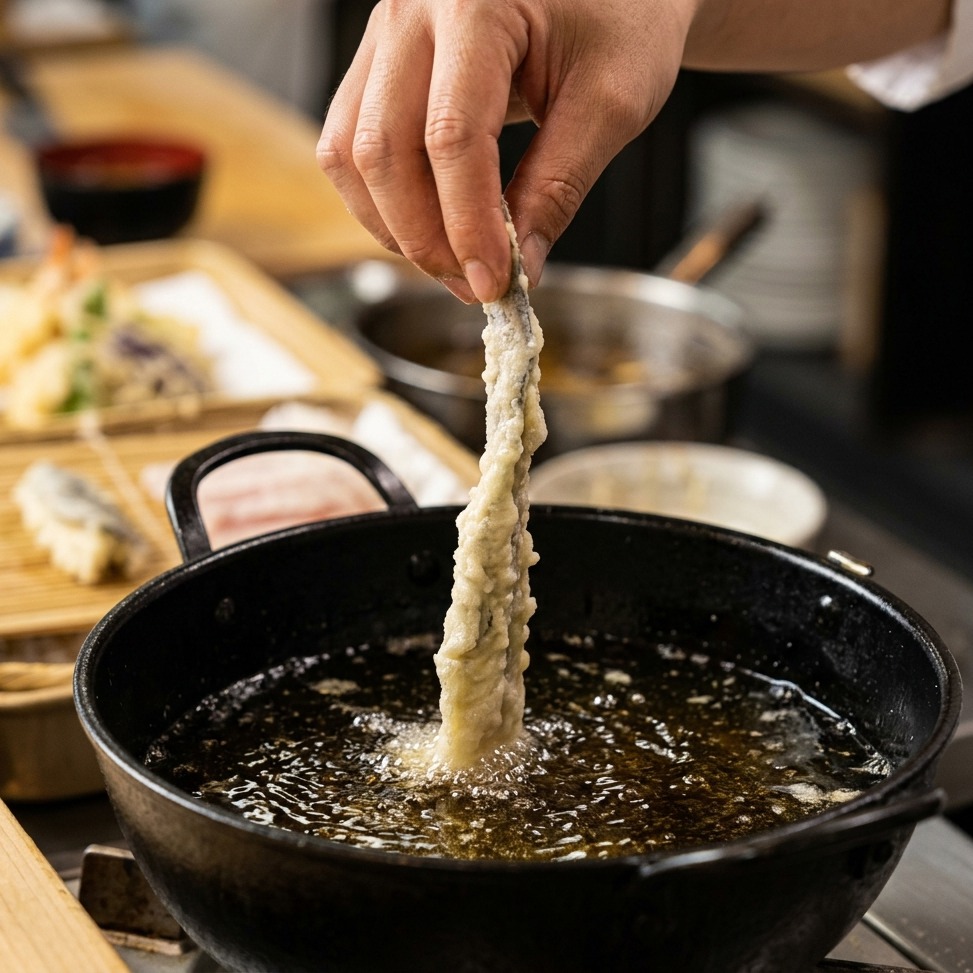 Primo piano di un gambero ricoperto di pastella leggera prima della frittura.