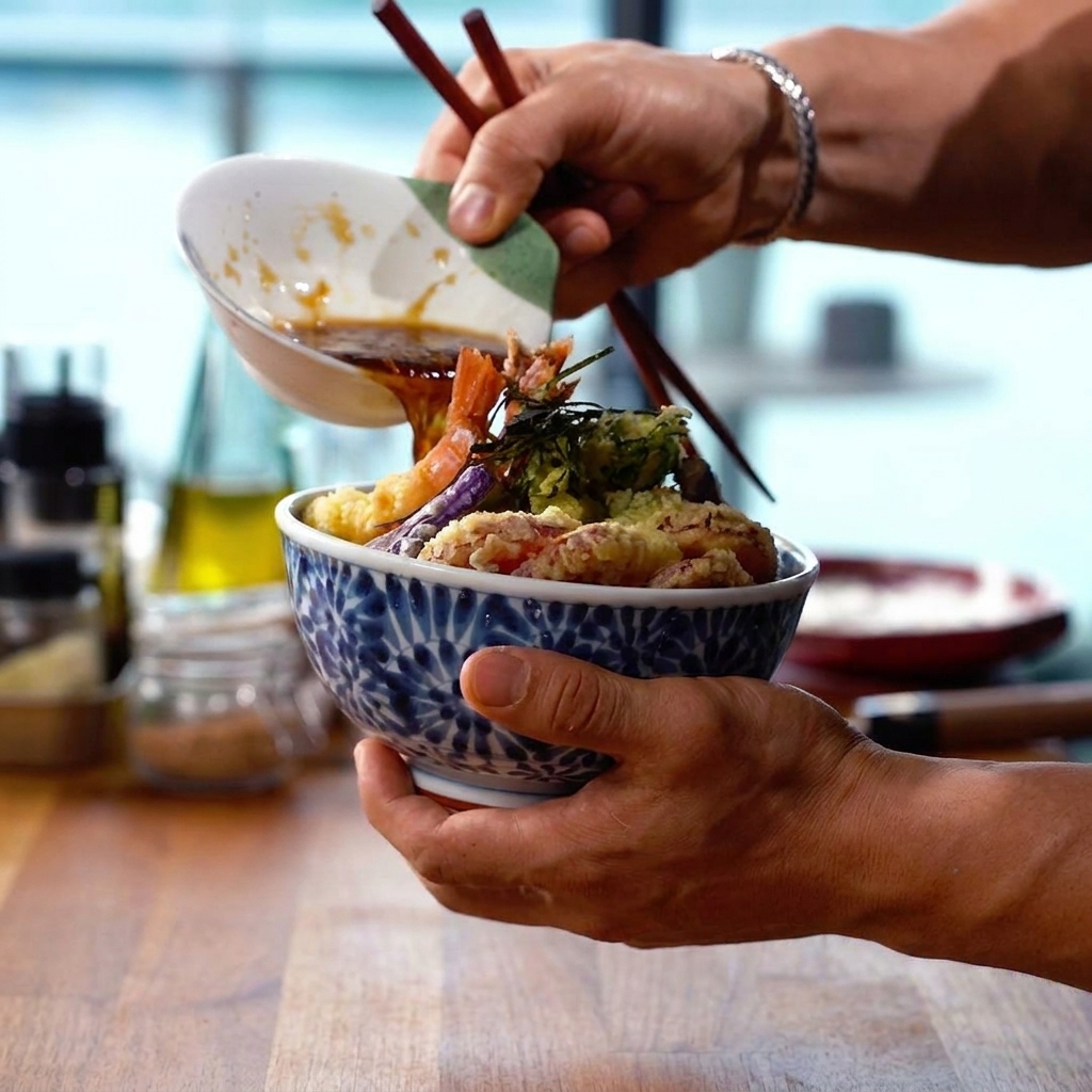 Salsa calda versata su una ciotola di tempura croccante su un letto di riso.
