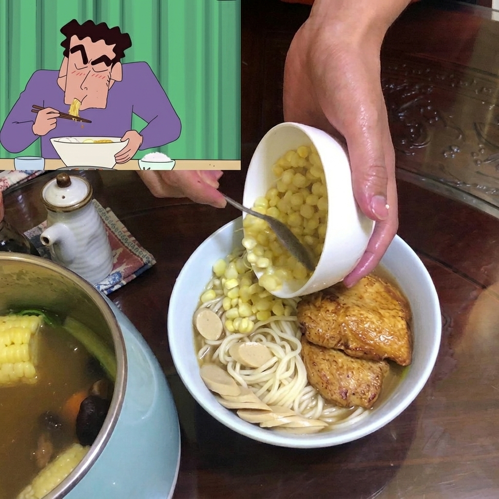 Polvere di pollo cosparsa nella base della zuppa in ebollizione.