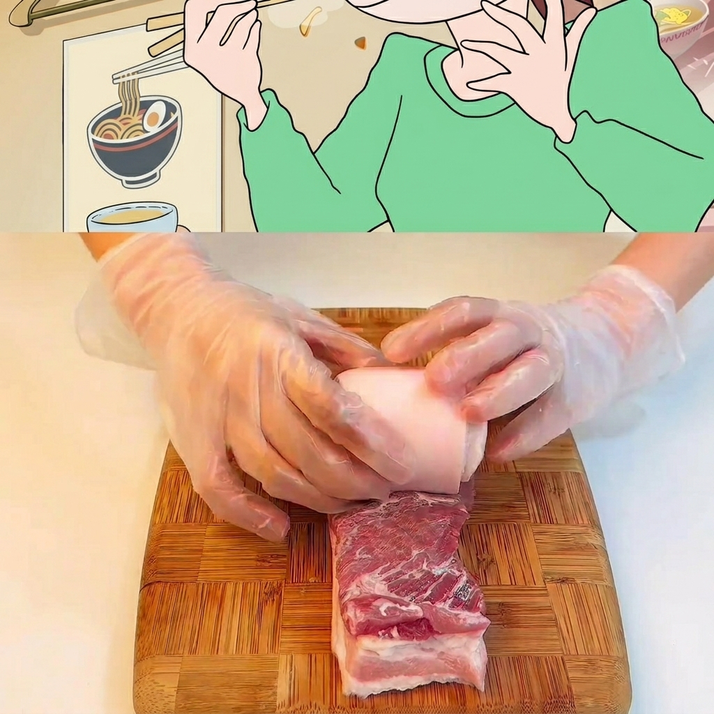 Un pezzo di pancetta di maiale cruda arrotolata e legata con spago da cucina su un tagliere di legno.
