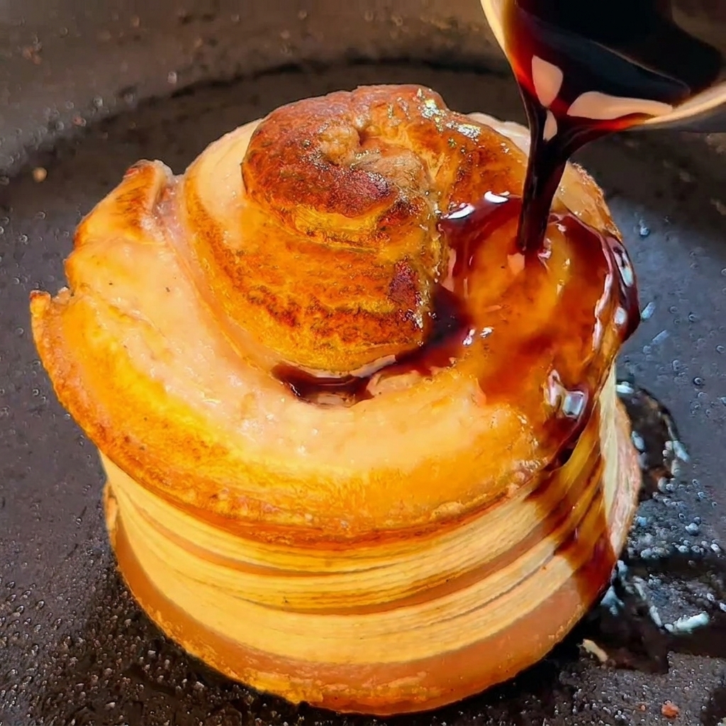 Salsa scura a base di soia versata sopra la pancetta rosolata nella padella.