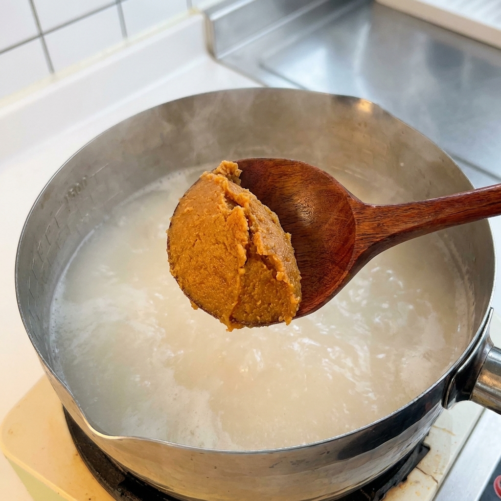 Pasta miso mescolata in una pentola di brodo di ossa bollente con un cucchiaio di legno.