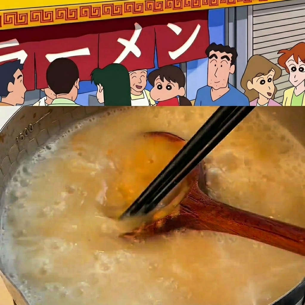 Un mestolo che mescola pasta miso, aglio e zenzero in una grande pentola di brodo di ossa bollente.