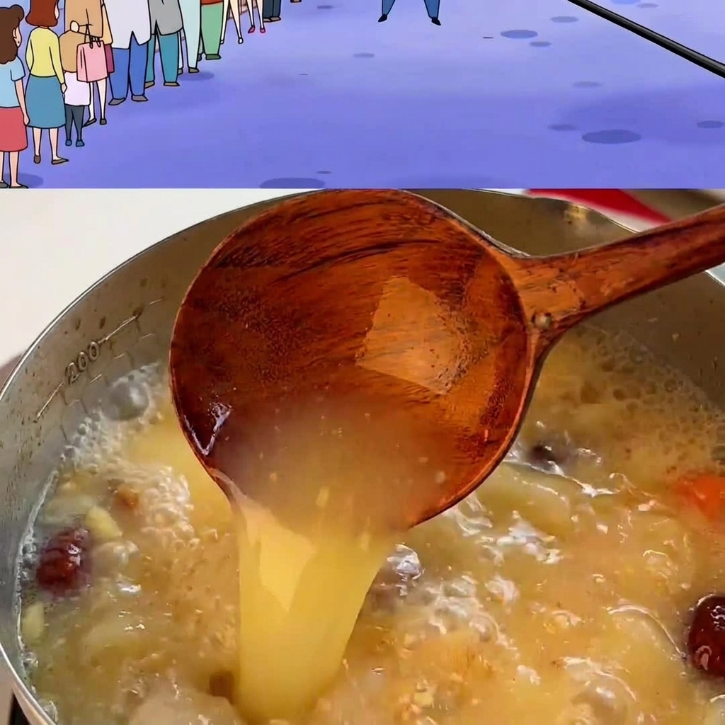 Brodo miso saporito versato da un mestolo di legno in una ciotola con noodle cotti.