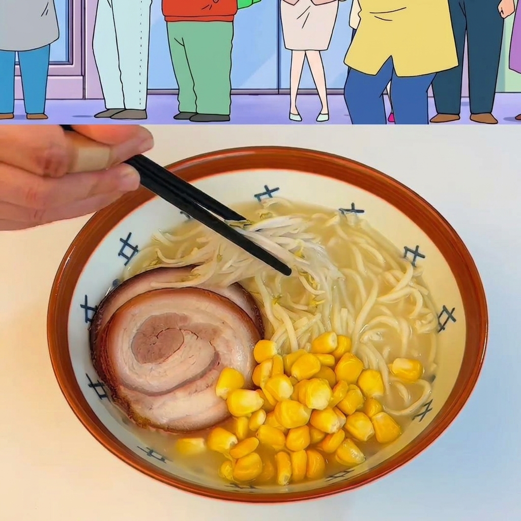 Una ciotola di ramen finita guarnita con mais, germogli di soia, germogli di bambù, cipollotto e un cubetto di burro.