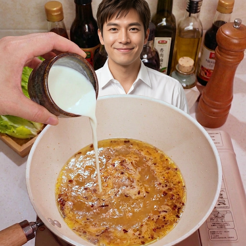 Latte versato da una tazzina in una padella contenente il composto di aglio e miso dorato.
