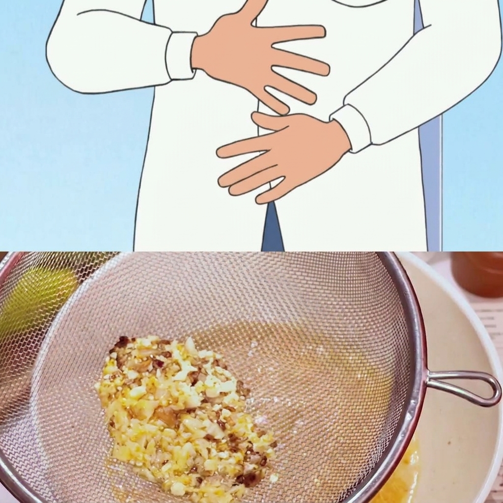 Un setaccio a maglie fini che filtra i pezzetti di aglio dal brodo mentre viene versato sopra una ciotola di noodles.