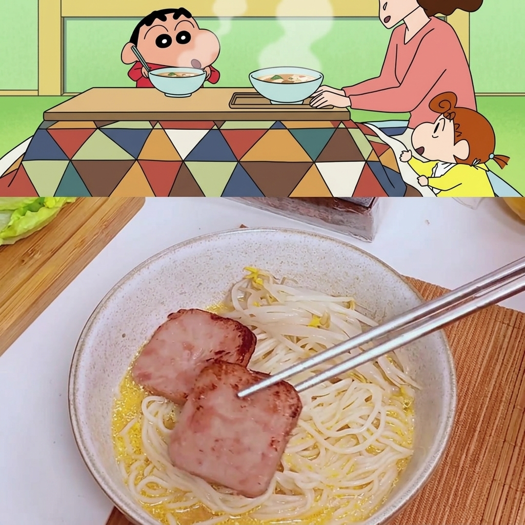 Due fette di carne in scatola saltate in padella e dorate che vengono posizionate sopra i noodles in una ciotola da portata.