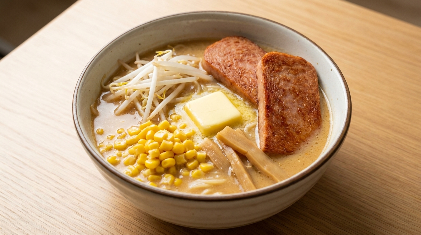 Ramen al Miso, Burro e Mais con Carne in Scatola