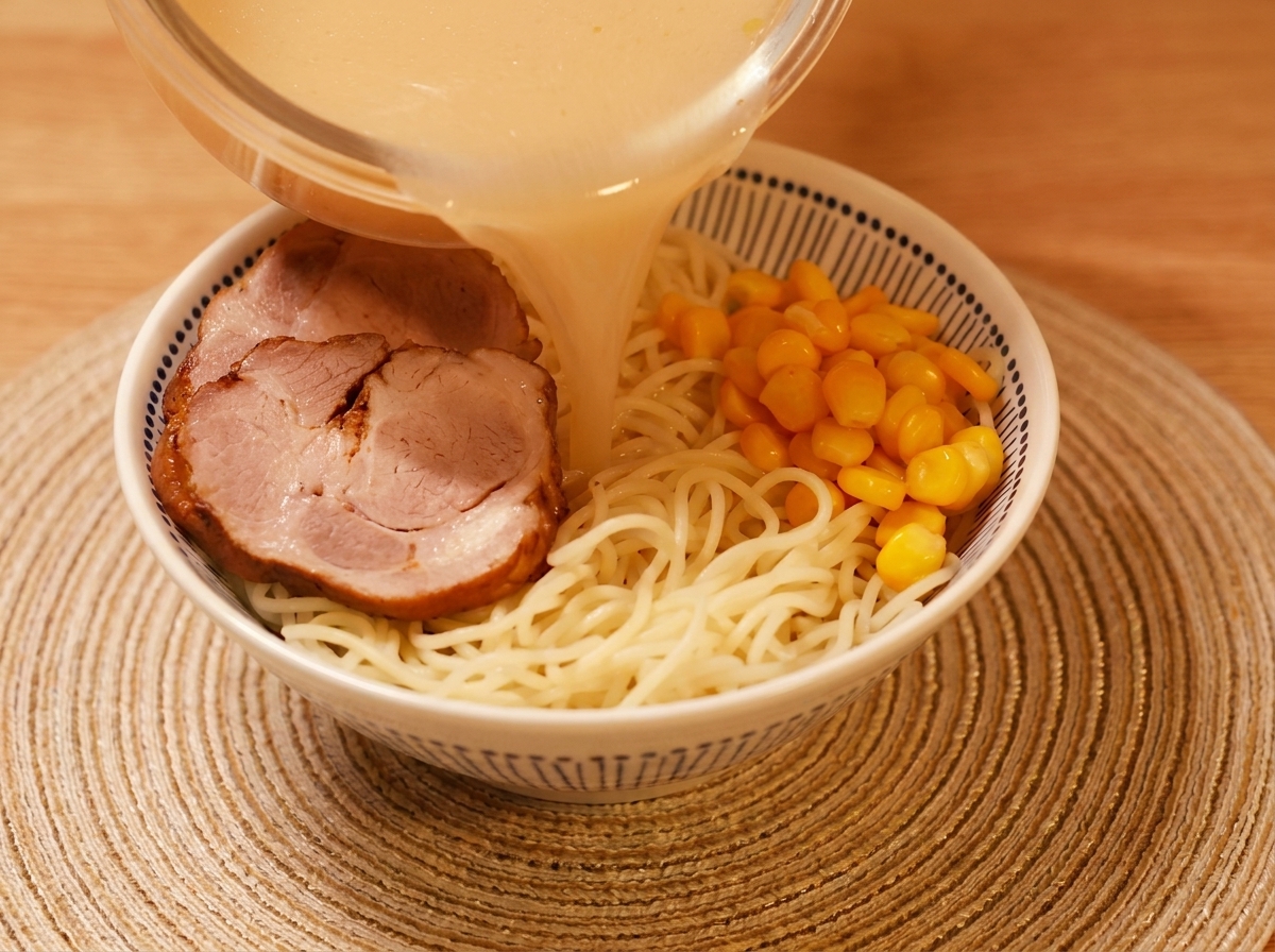 Vista dallalto di una ciotola di ramen con brodo al miso, carne, noodle e mais.