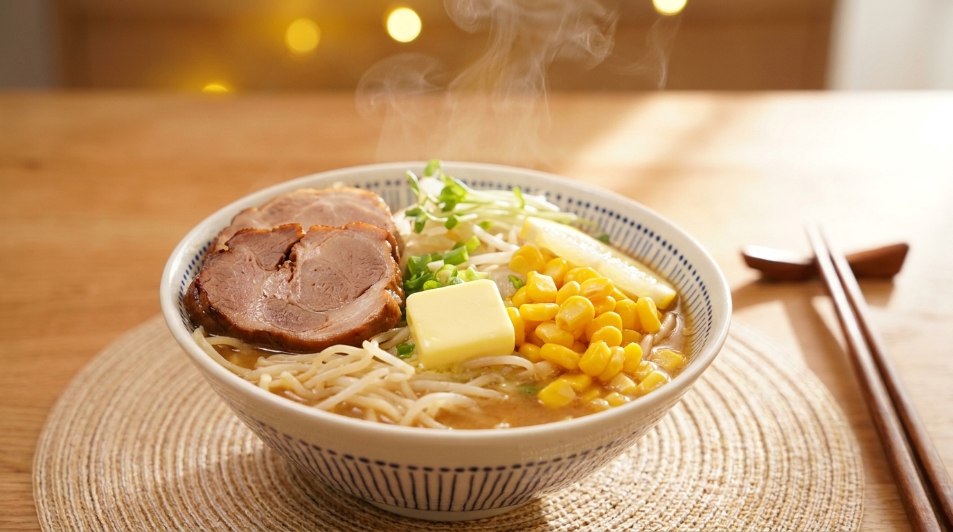 Una fumante ciotola di Ramen Miso con Burro e Mais, servita con chashu tenero, mais dolce e burro fondente.
