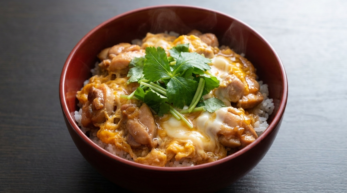 Una fumante ciotola di Oyakodon con pollo tenero e uova soffici, guarnita con prezzemolo giapponese fresco.