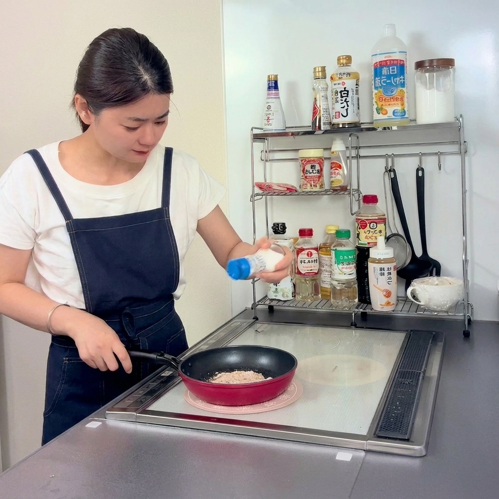 Una mano che tiene una saliera e sparge sale su un pezzo di pollo che soffrigge in padella.