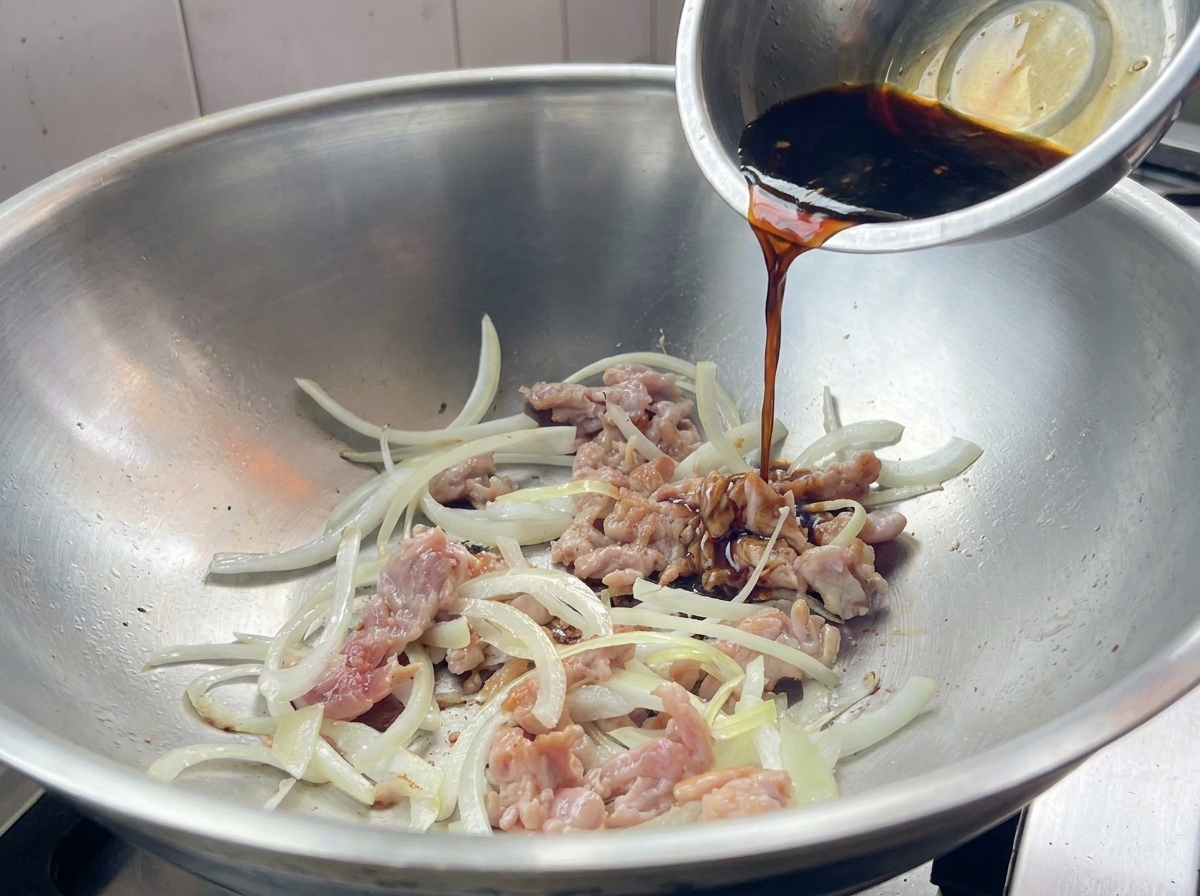 Salsa scura versata in un wok contenente maiale saltato e strisce di cipolla.