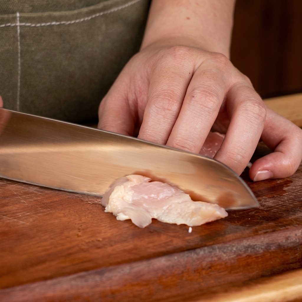 Primo piano di un coltello affilato che taglia la coscia di pollo disossata in pezzi uniformi su un tagliere di legno pulito.
