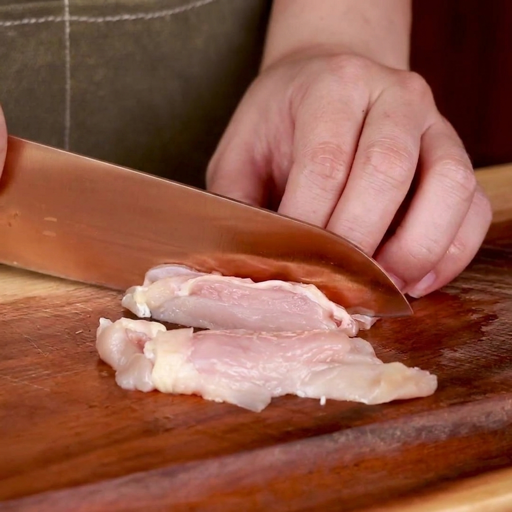 Salsa di soia versata sui bocconcini di pollo crudo in una ciotola bianca.