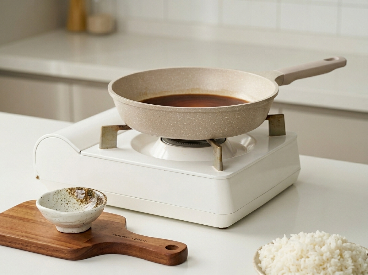 Salsa teriyaki versata in una padella antiaderente pulita.