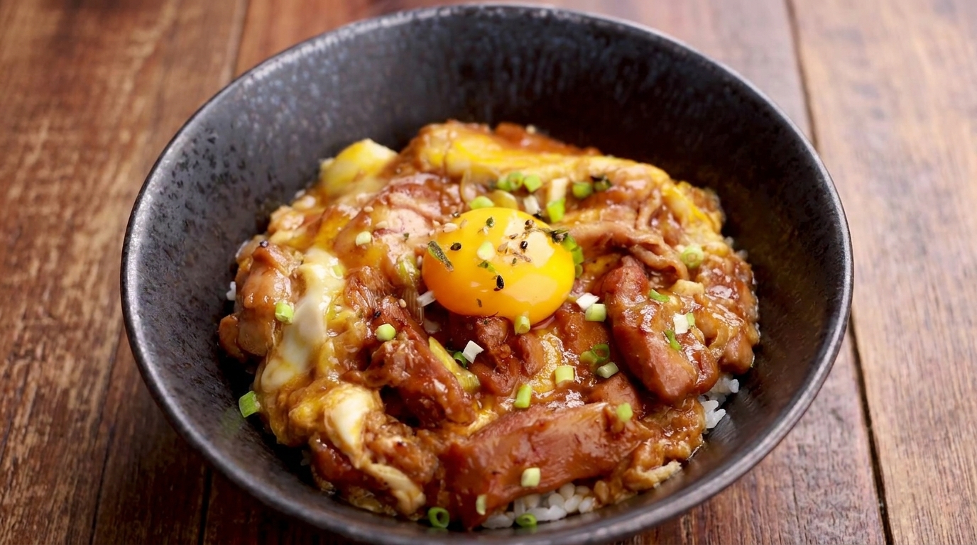 Una ciotola di Oyakodon con pollo tenero, uova morbide, tuorlo crudo e cipollotti freschi, servita su un letto di riso fumante.