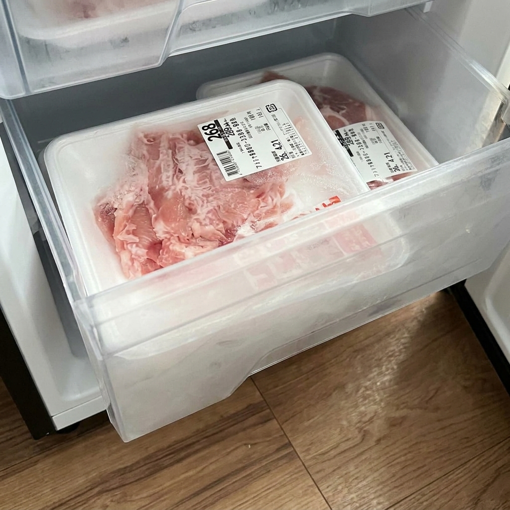 Una confezione di pollo crudo in un vassoio di plastica dentro un microonde.
