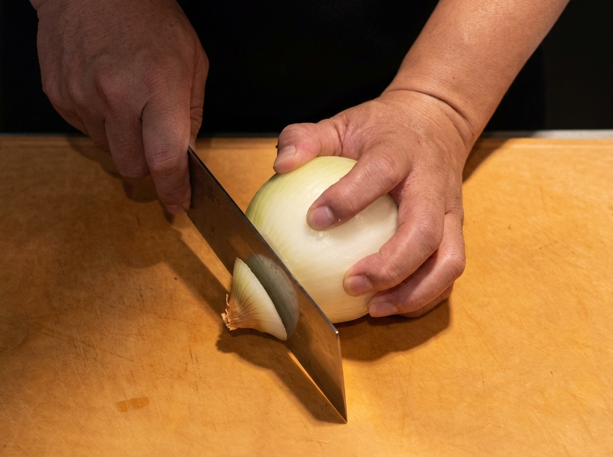 Una cipolla tagliata verticalmente su un tagliere di legno con un coltello da chef affilato.
