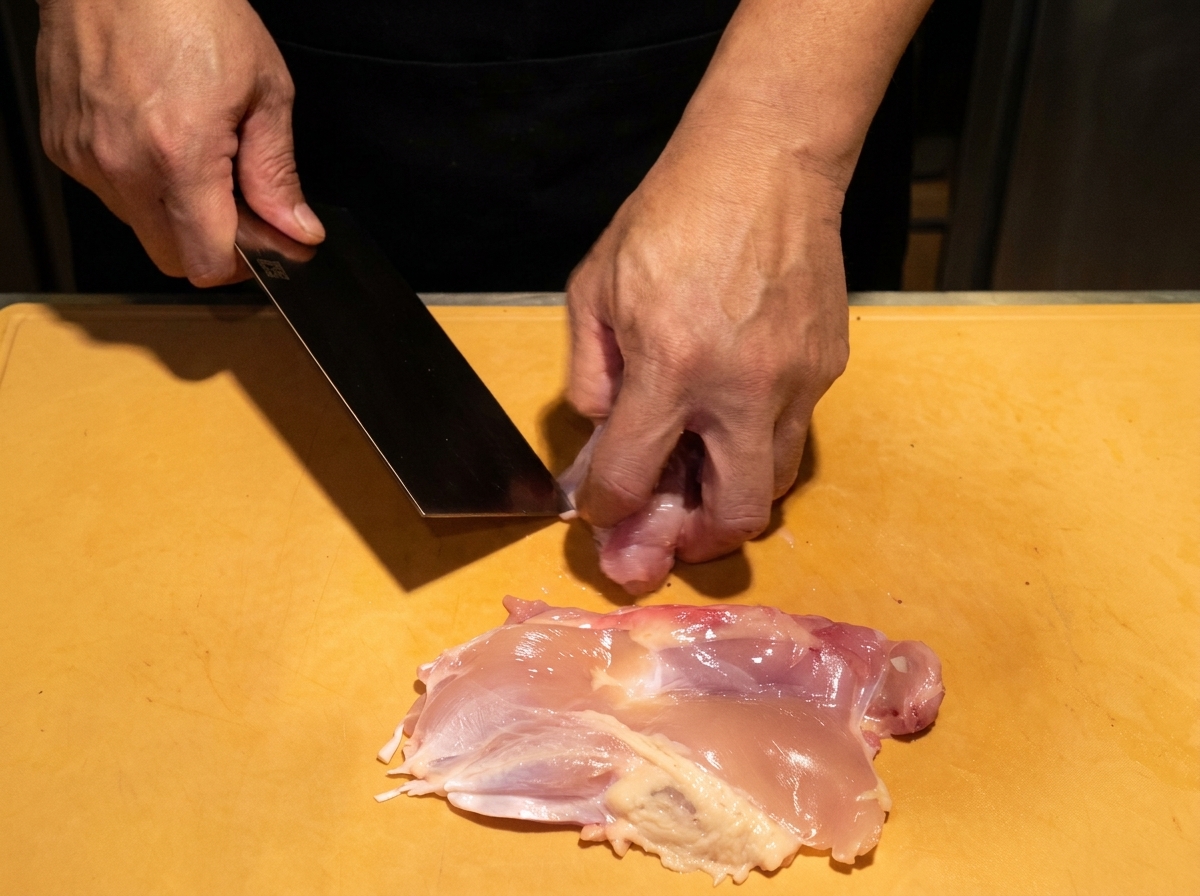 Coscia di pollo cruda tagliata a cubetti uniformi su un tagliere.