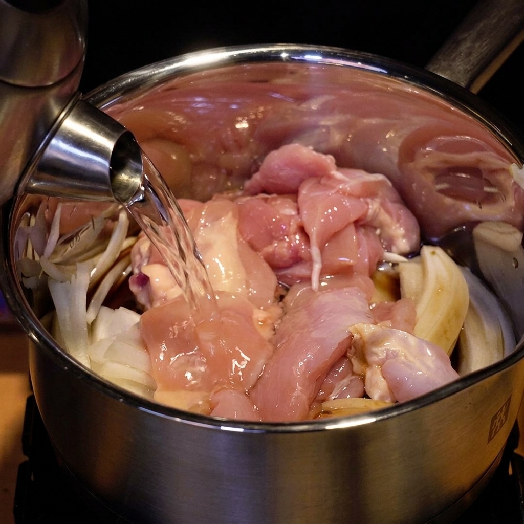Acqua versata in una pentola con pollo e cipolle fino a coprirli.