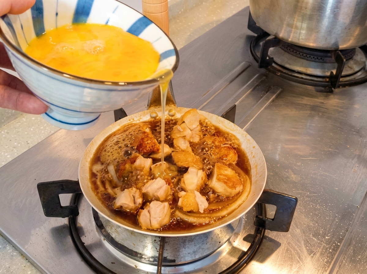 Il composto di uova leggermente sbattute viene versato sul pollo e le cipolle nella padella.