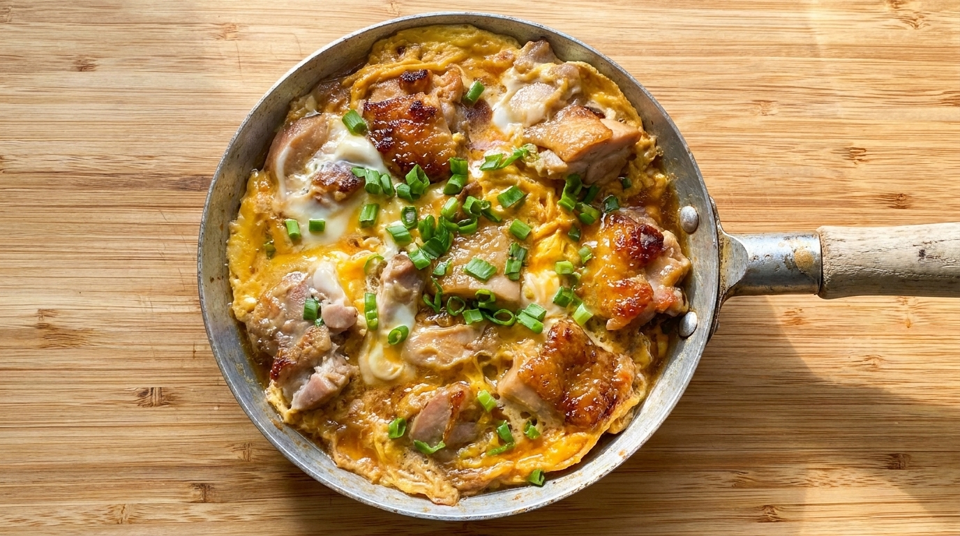Una rustica padellata di uova morbide e dorate con pollo croccante, guarnita con cipollotto fresco.
