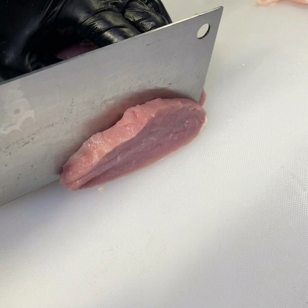 Mano guantata che usa una mannaia per incidere parzialmente la lonza di maiale su un tagliere bianco.