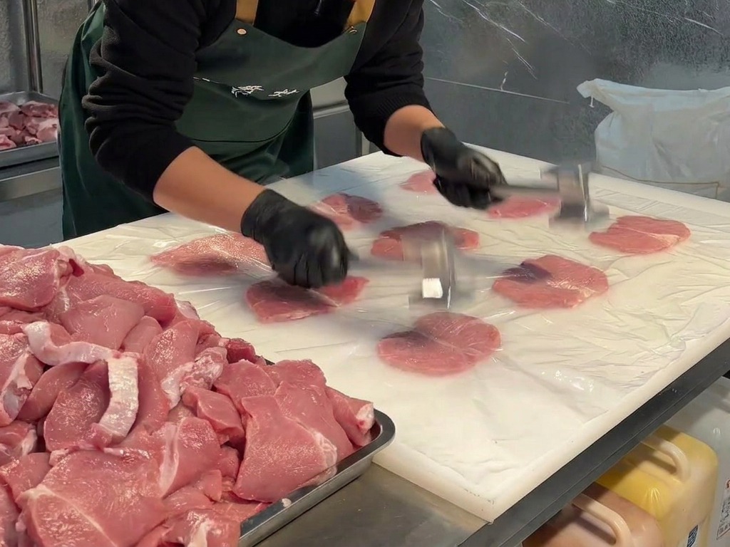 Persona che usa un batticarne in metallo per appiattire fette di maiale sotto pellicola trasparente.