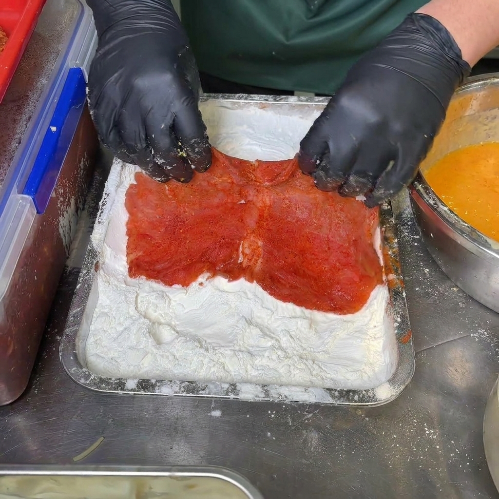 Mani guantate che premono un pezzo di maiale marinato in un vassoio di amido in polvere bianco.
