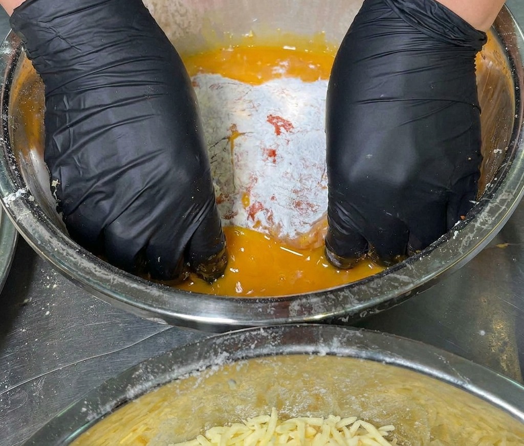 Mani guantate che immergono una cotoletta infarinata in una ciotola di uovo sbattuto.